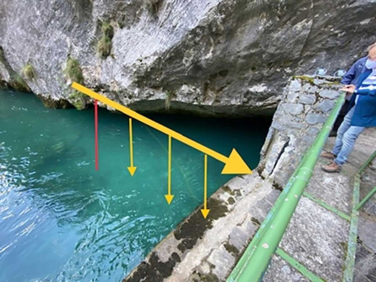This image shows the vertical lines are fluorescent ropes where a person being dragged by the current can hold on to. Going into the tunnel.