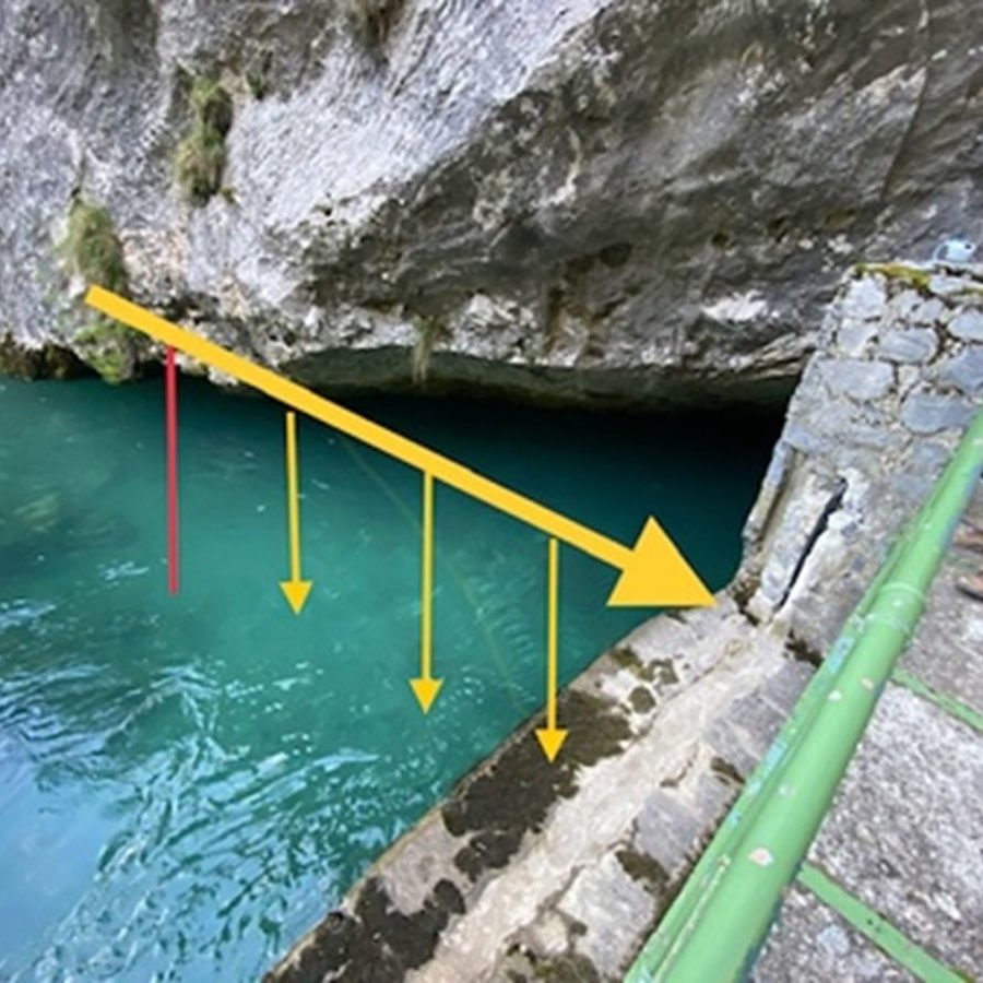 Esta imagen muestra las líneas verticales son sogas fluorescentes conde puede agarrarse una persona que este siendo arrastrada por la corriente. Que va hacia dentro del túnel.
